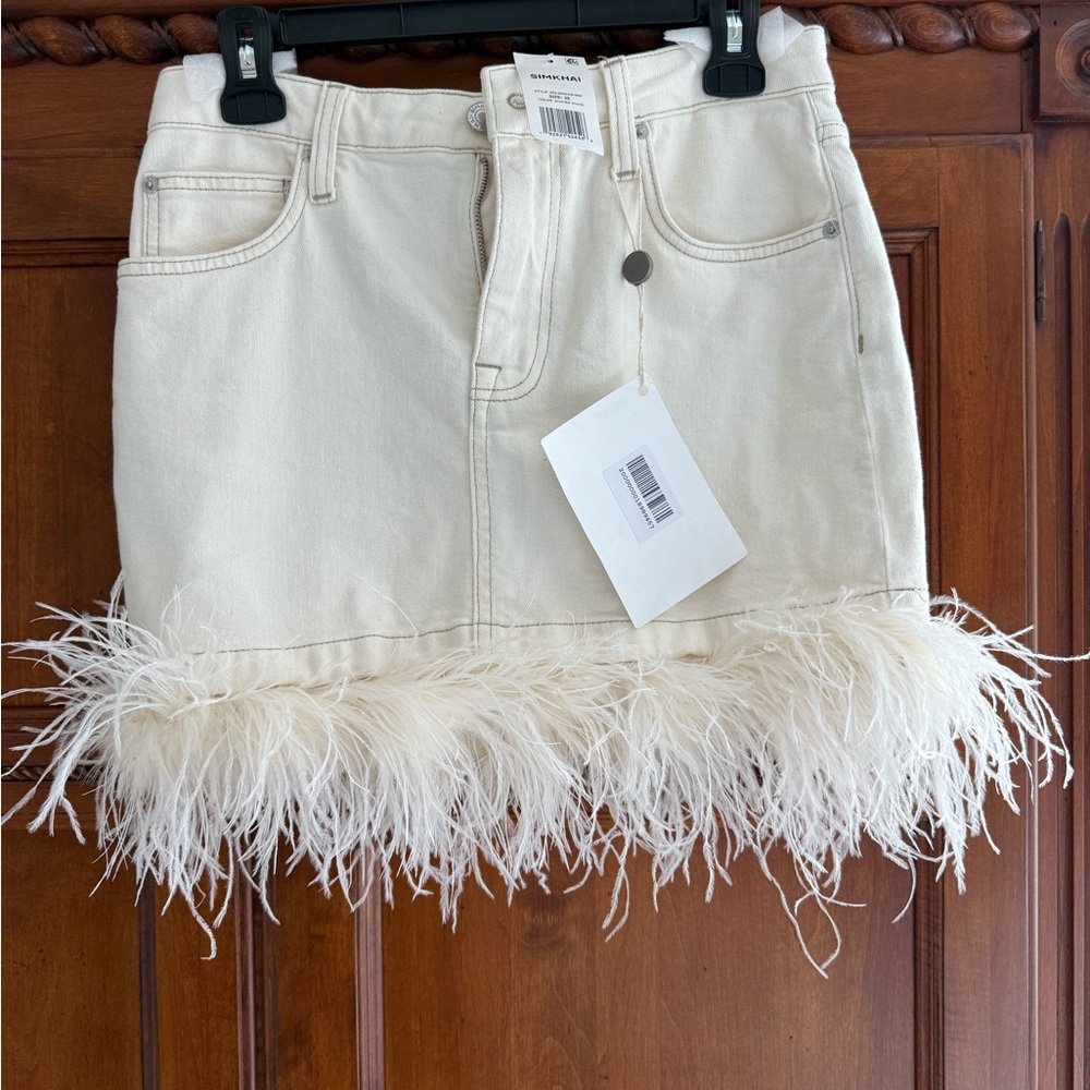 Simkhai Cream Feather-Trimmed Denim Skirt
